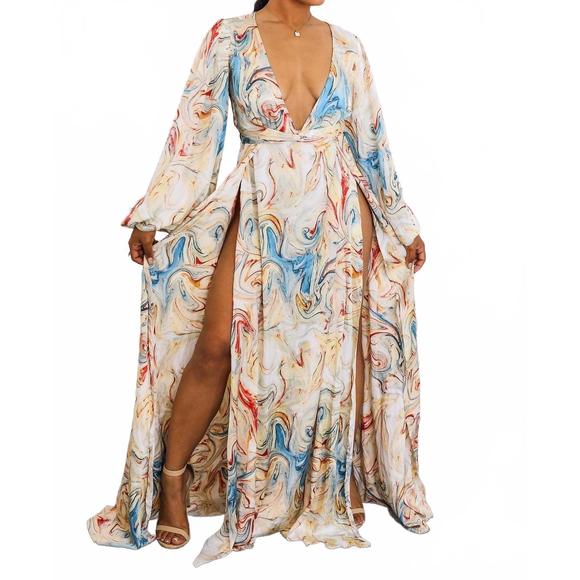 SURELYMINE Dresses & Skirts - NEW SURELYMINE marble swirl kimono maxi dress with slits boho resort style in mu